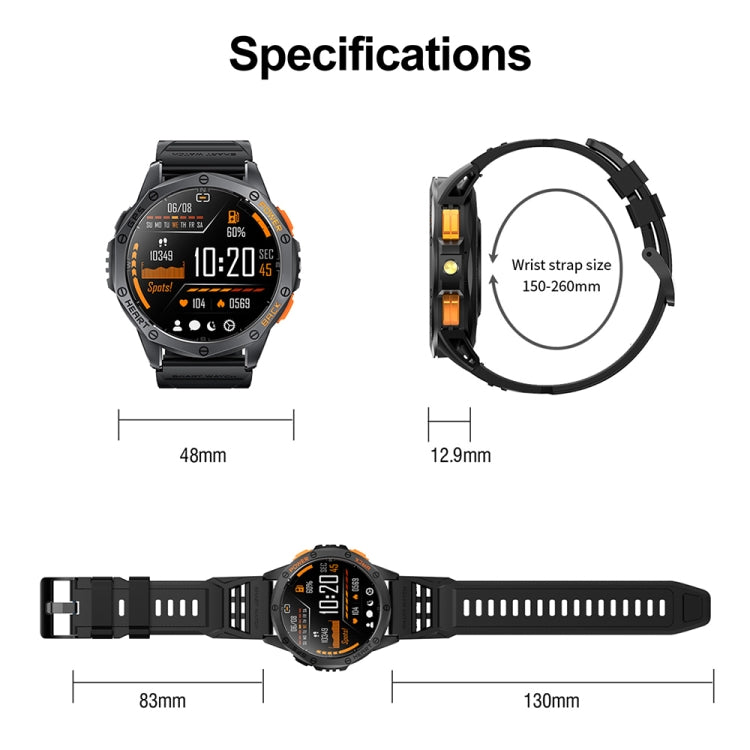 LEMFO K67 GPS sports smartwatch with round display, black strap, and orange accents; size dimensions shown.