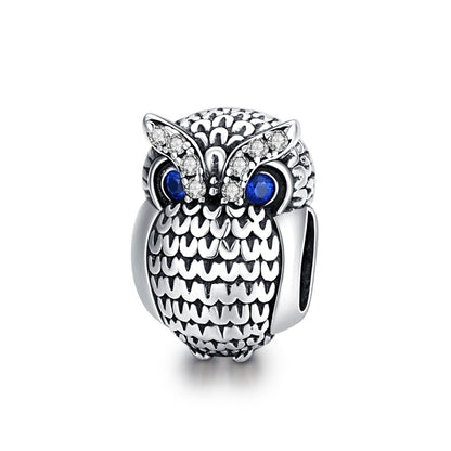 S925 sterling silver owl bead with blue eyes and clear stones