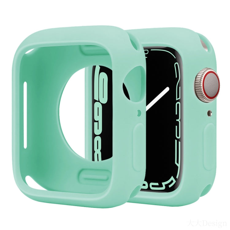 Mint green silicone half-coverage Apple Watch case with open display and side button cutouts