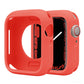 Coral red silicone half-coverage Apple Watch case with raised edges and cutouts