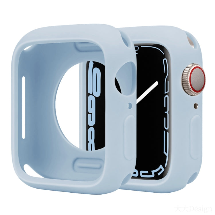 Light blue silicone half-coverage Apple Watch case with raised edges and button cover