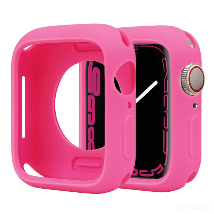 Half-coverage silicone Apple Watch case in bright pink with a raised bezel and button covers