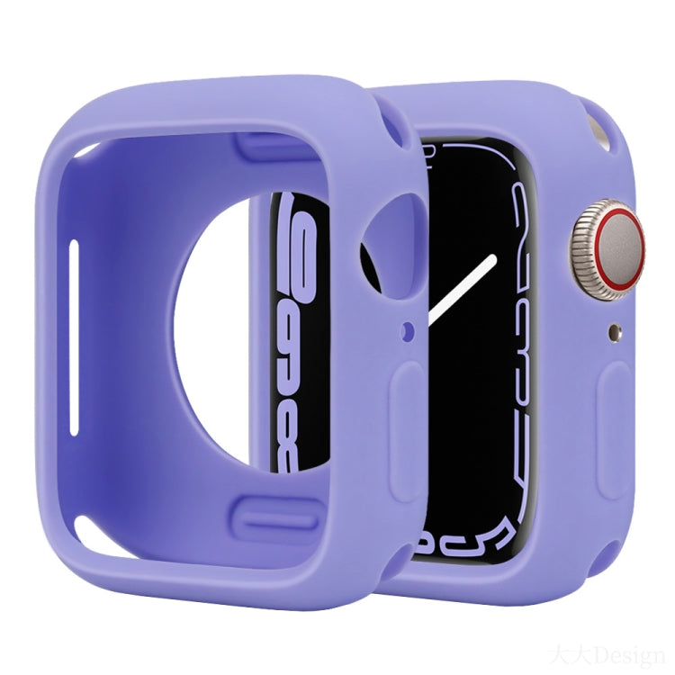 Lavender silicone half-coverage Apple Watch case with open display and side button cutouts