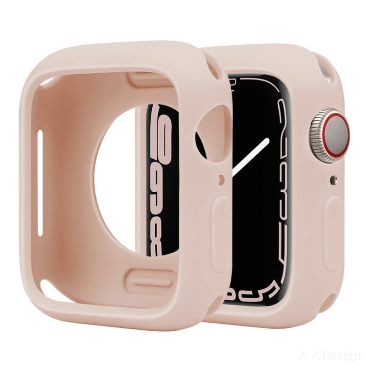 Half-coverage silicone Apple Watch case in pale blush pink with a raised bezel and button covers