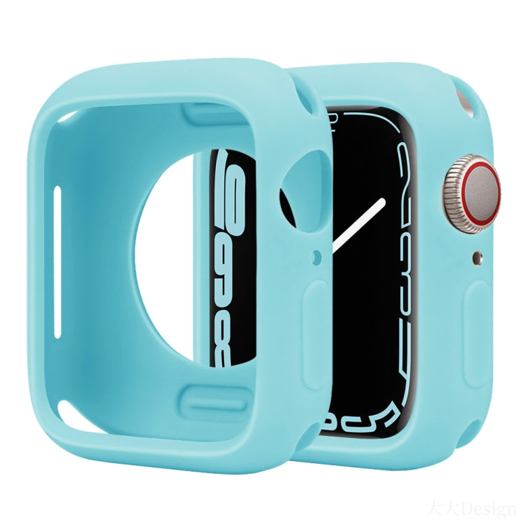 Light blue silicone half-coverage Apple Watch case with open face and crown cover