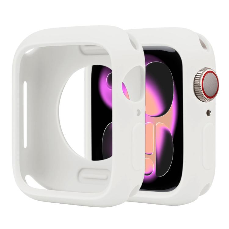 White silicone half-coverage Apple Watch case with raised edges and button cover