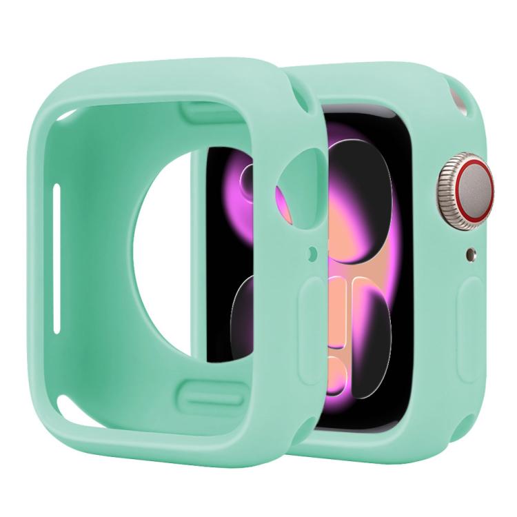 Pale mint silicone half-coverage Apple Watch case with open screen and side controls