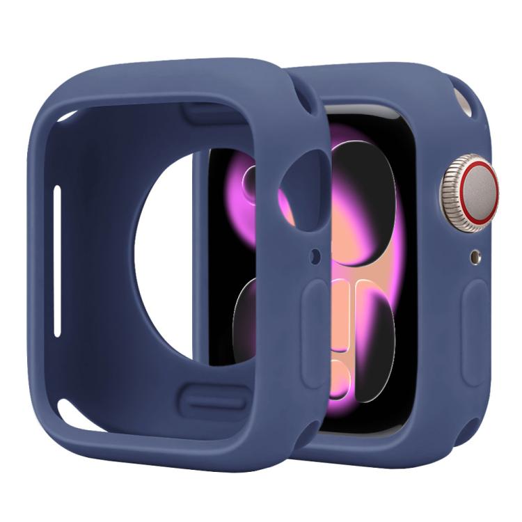 Navy silicone half-coverage Apple Watch case with open screen and side controls