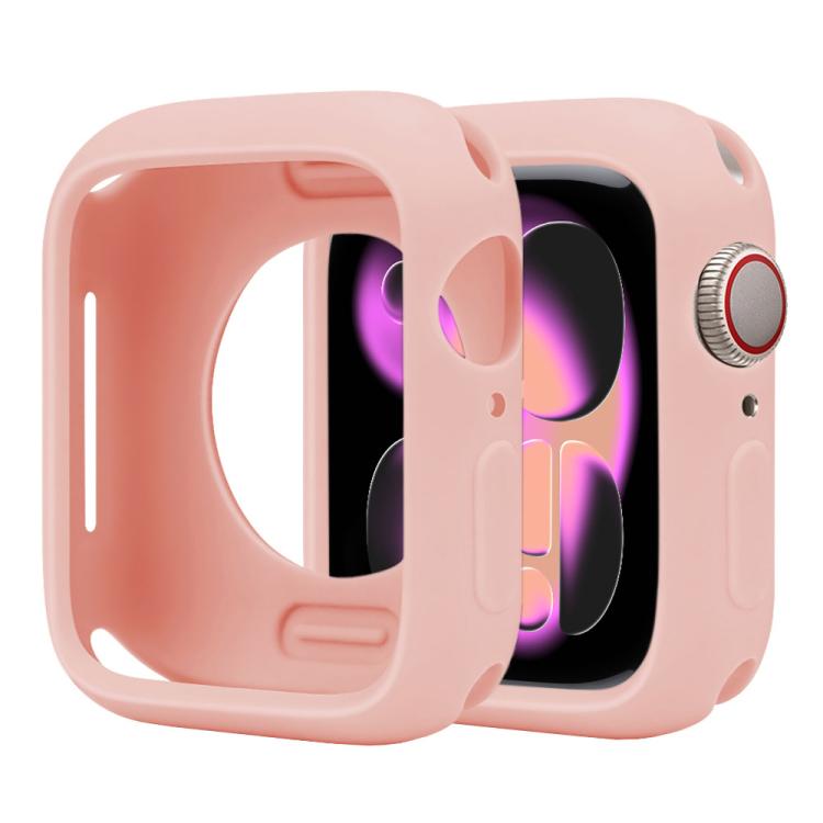 Coral pink silicone half-coverage Apple Watch case with open screen and side controls