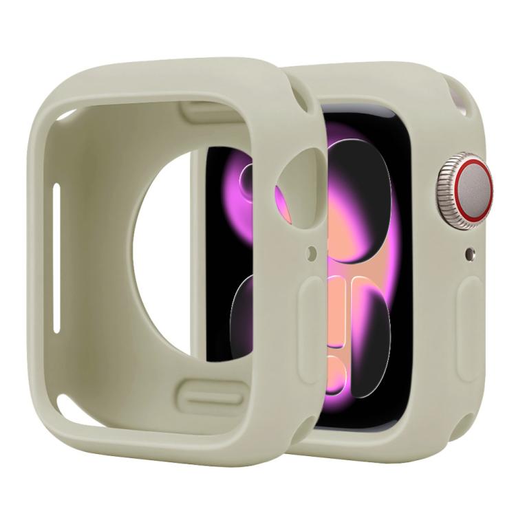 Pale gray-green silicone half-coverage Apple Watch case with open screen and side controls