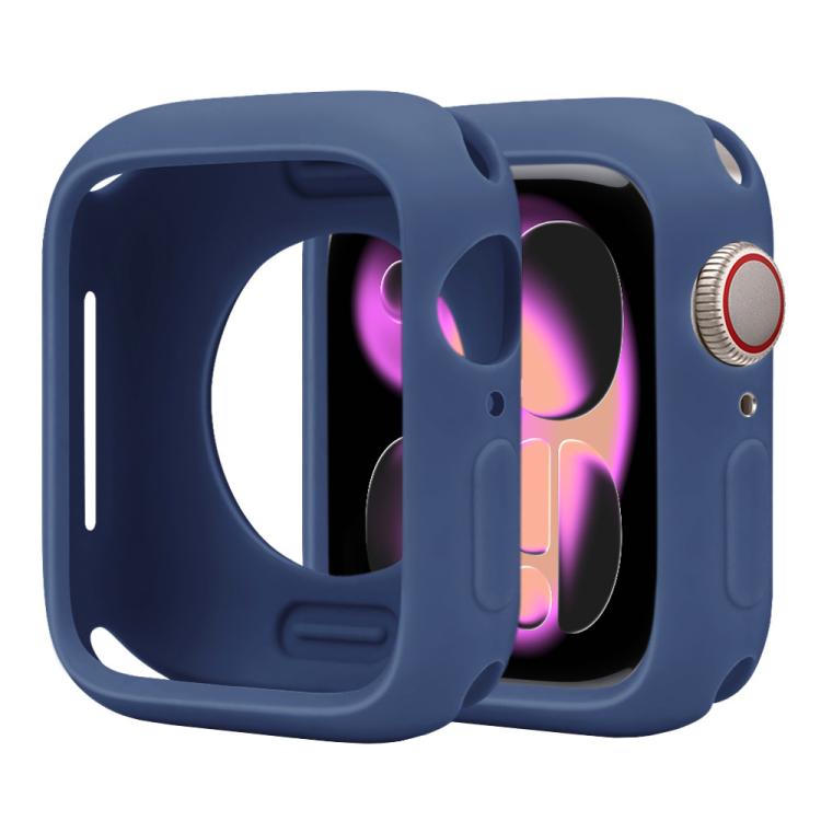 Navy silicone half-coverage Apple Watch case with open screen and side controls