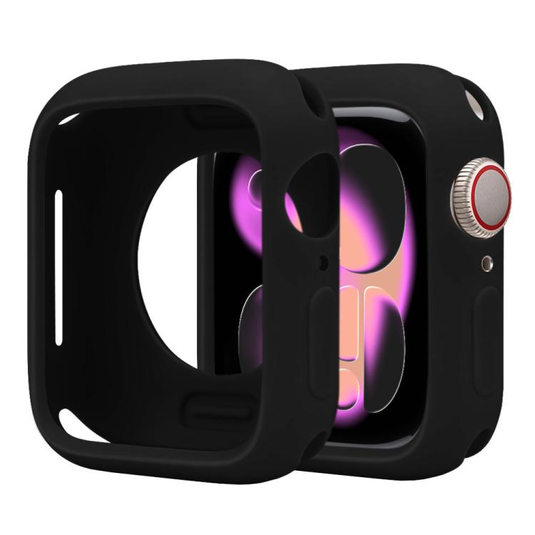 Black silicone half-coverage Apple Watch case with open screen and side controls