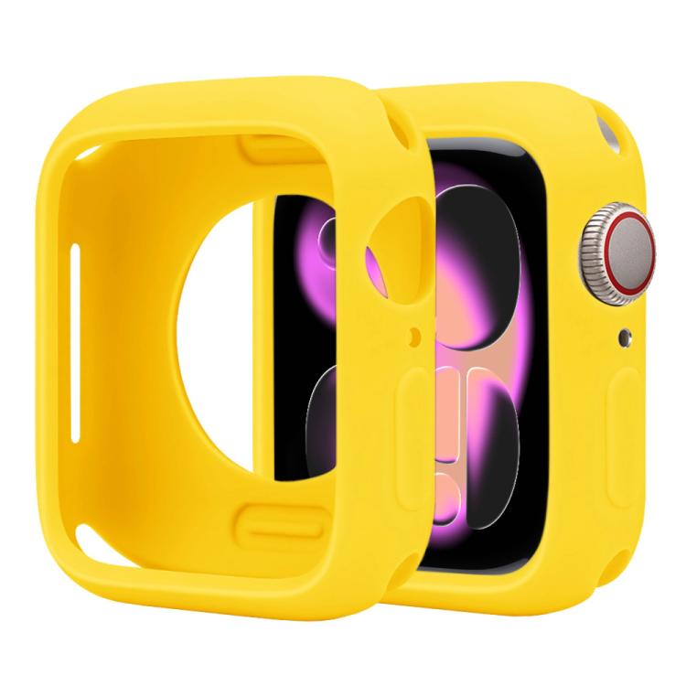 Yellow silicone half-coverage Apple Watch case with open screen and side controls