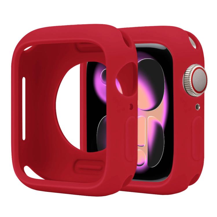 Red silicone half-coverage Apple Watch case with screen and crown openings