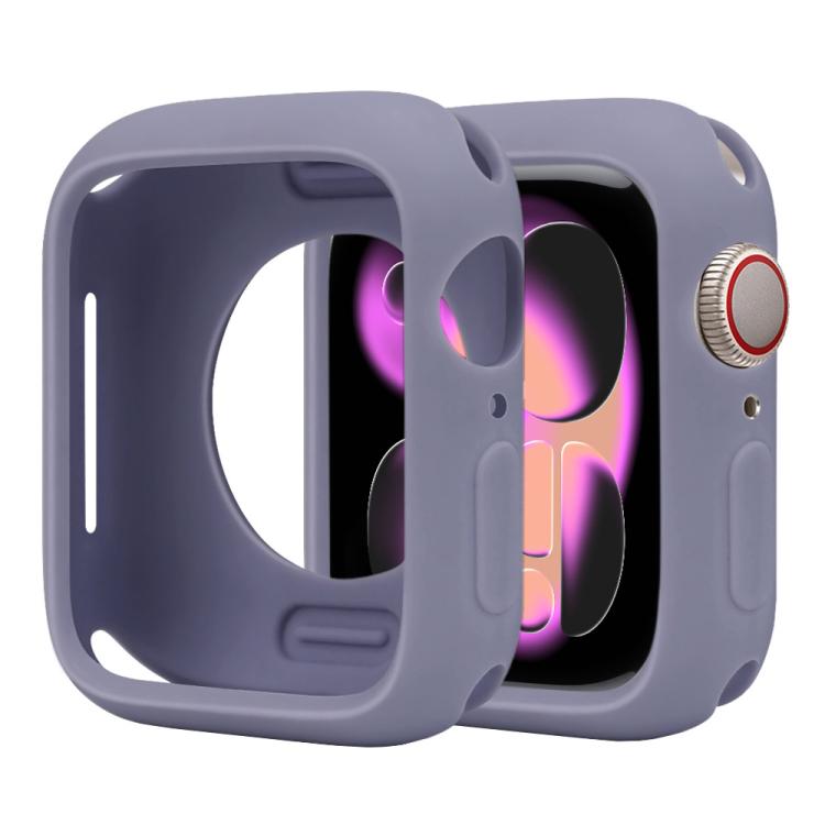 Silicone half-coverage Apple Watch case in lavender gray with an open screen and button cutouts