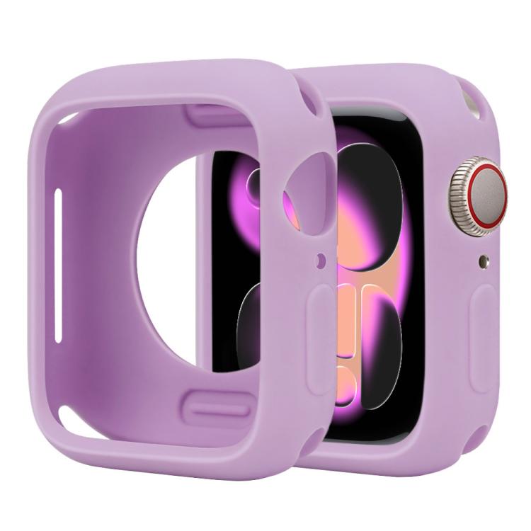 Lavender silicone half-coverage case for Apple Watch, with openings for the screen and controls