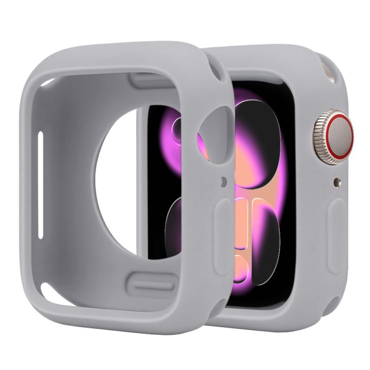 Silicone half-coverage Apple Watch case in light gray with an open screen and button cutouts