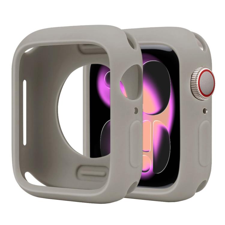Silicone half-coverage Apple Watch case in taupe gray with an open screen and button cutouts