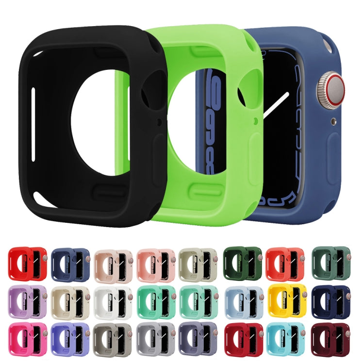 Silicone half-coverage Apple Watch cases in black, bright green, and navy, with color options below