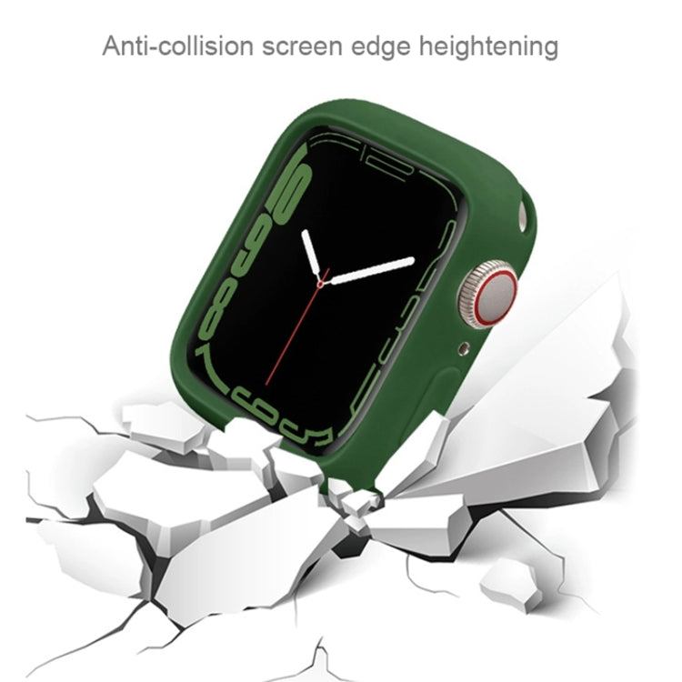 Dark green silicone Apple Watch case with raised screen edges and side button openings