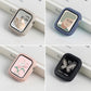 Apple Watch with half-coverage cases in cream, blue, pink, and black