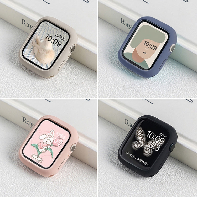 Apple Watch with half-coverage cases in cream, blue, pink, and black