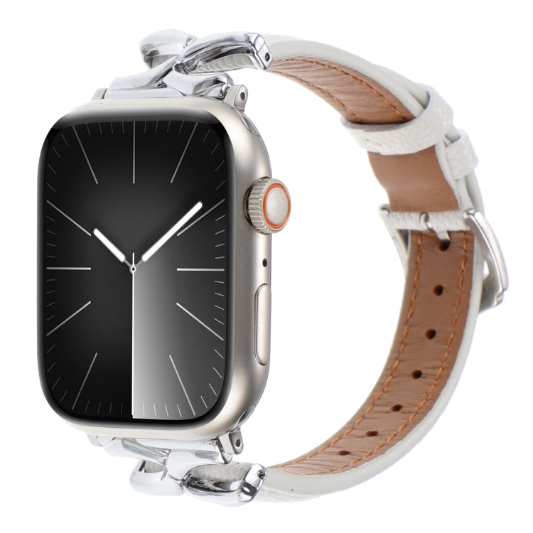 White genuine leather Apple Watch band with silver X-shaped connectors and buckle