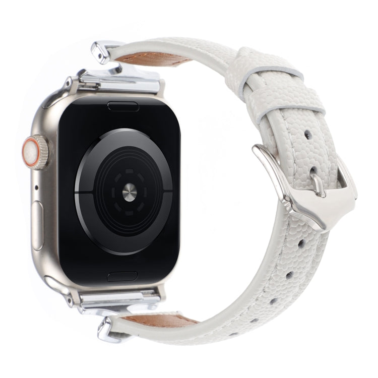 White pebbled leather Apple Watch band shown from the underside with adjustable buckle