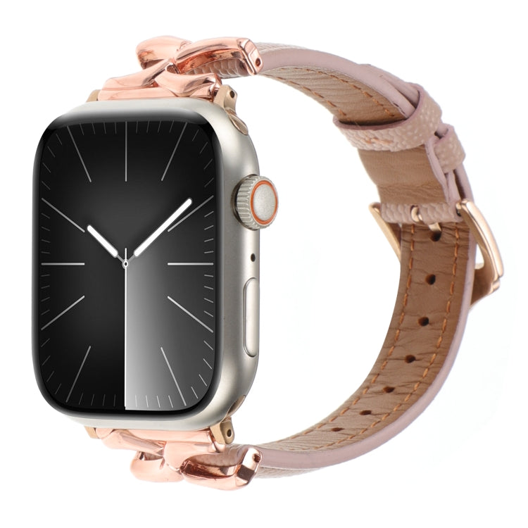 Light pink genuine leather Apple Watch band with rose gold X-shaped connectors and buckle