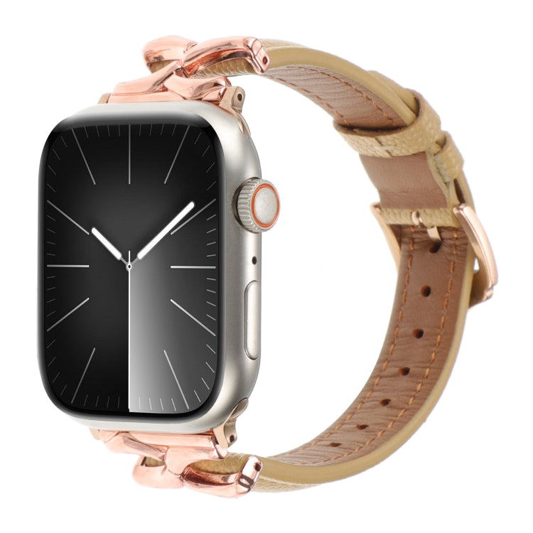 Khaki leather Apple Watch band with tan lining and rose gold X-shaped connectors