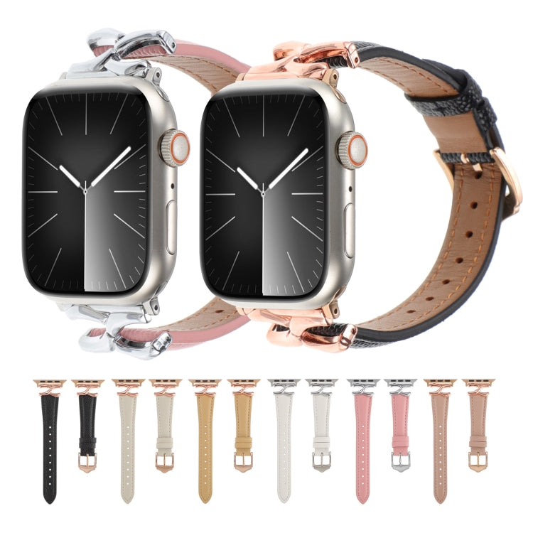 Leather Apple Watch bands in several colors with X-shaped connectors and buckles