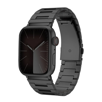 Black titanium alloy watch band attached to a black Apple Watch, shown from the front and side.