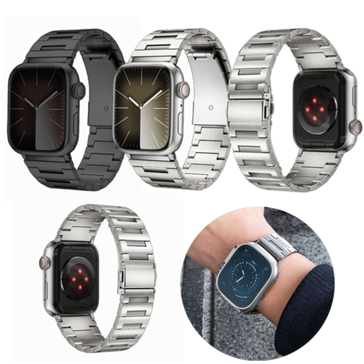 Titanium alloy watch bands in black and silver shown on Apple Watches, including back and wrist views.