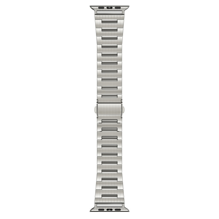 Silver titanium alloy watch band shown flat, with metal links and watch attachment ends.