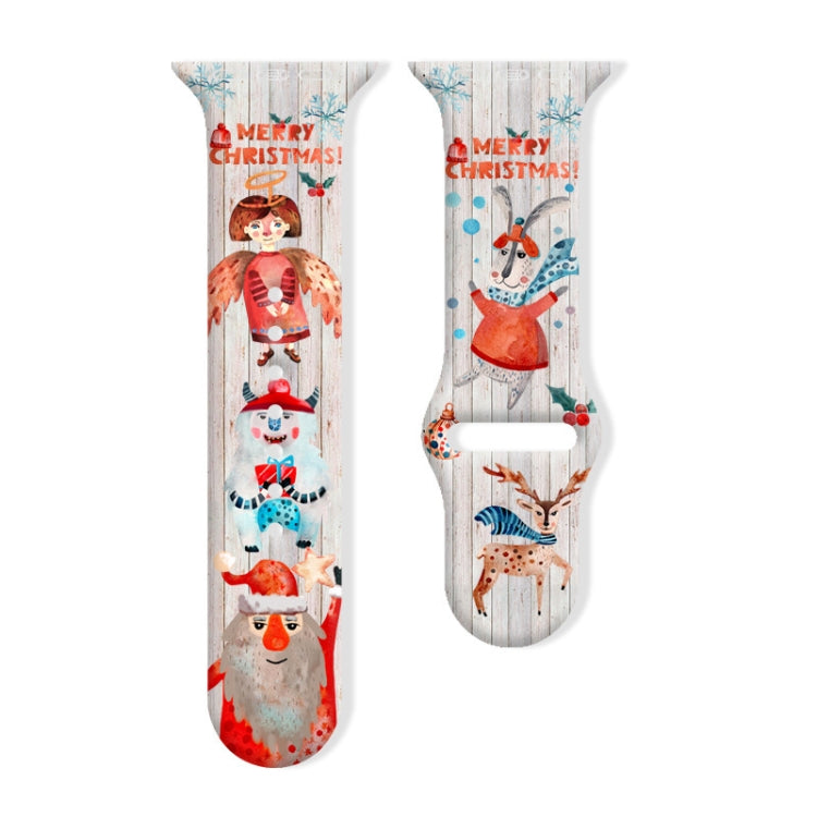 Christmas silicone watch band with Santa, angel, snowman, and reindeer on a wood-look print