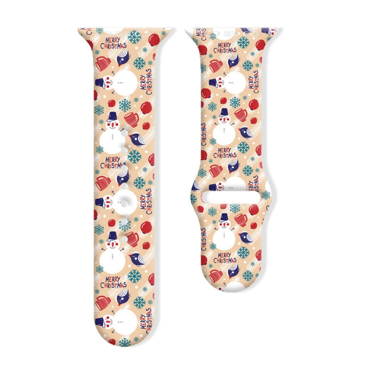 Beige Christmas silicone watch band with snowmen, ornaments, and snowflakes
