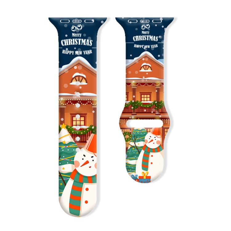 Silicone watch band with a snowman, snowy house, and Christmas tree print