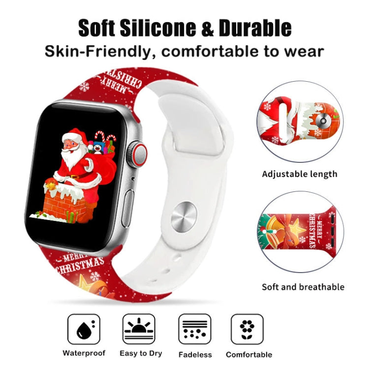 Red Christmas silicone watch band with Santa, shown on a watch