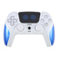 Wireless game controller in white with blue-lit grips on touchscreen, front view