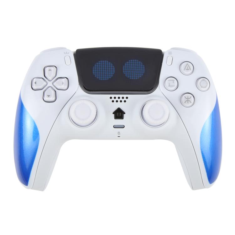 Wireless game controller in white with blue-lit grips on touchscreen, front view