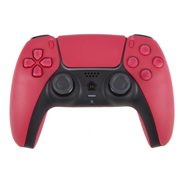 Wireless game controller in red with black grips and analog sticks, front view