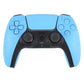 Wireless game controller in light blue with black grips and analog sticks, front view