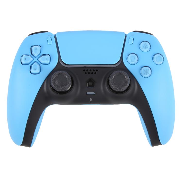 Wireless game controller in light blue with black grips and analog sticks, front view