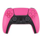 Wireless game controller in pink with black grips and analog sticks, front view