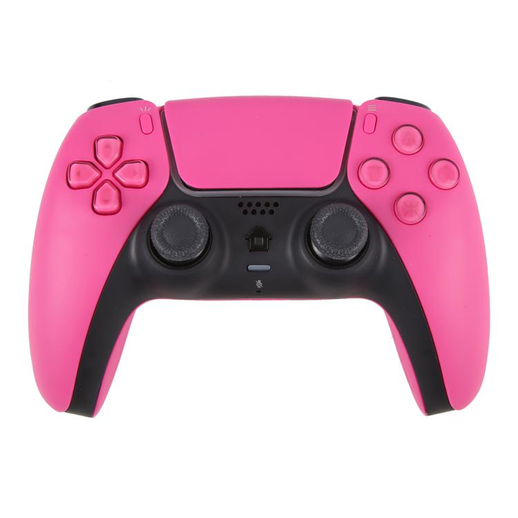 Wireless game controller in pink with black grips and analog sticks, front view
