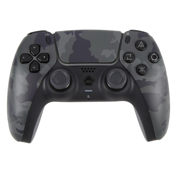 Camouflage black wireless PS5 game controller with dual thumbsticks and button layout
