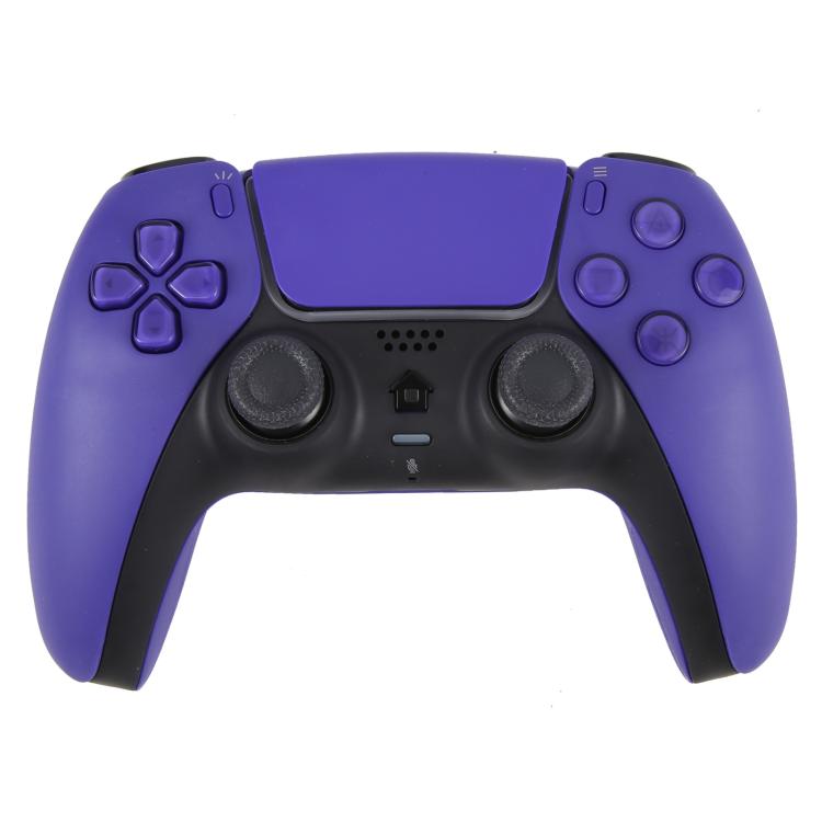 Purple wireless PS5 game controller with black grips, dual thumbsticks, and buttons