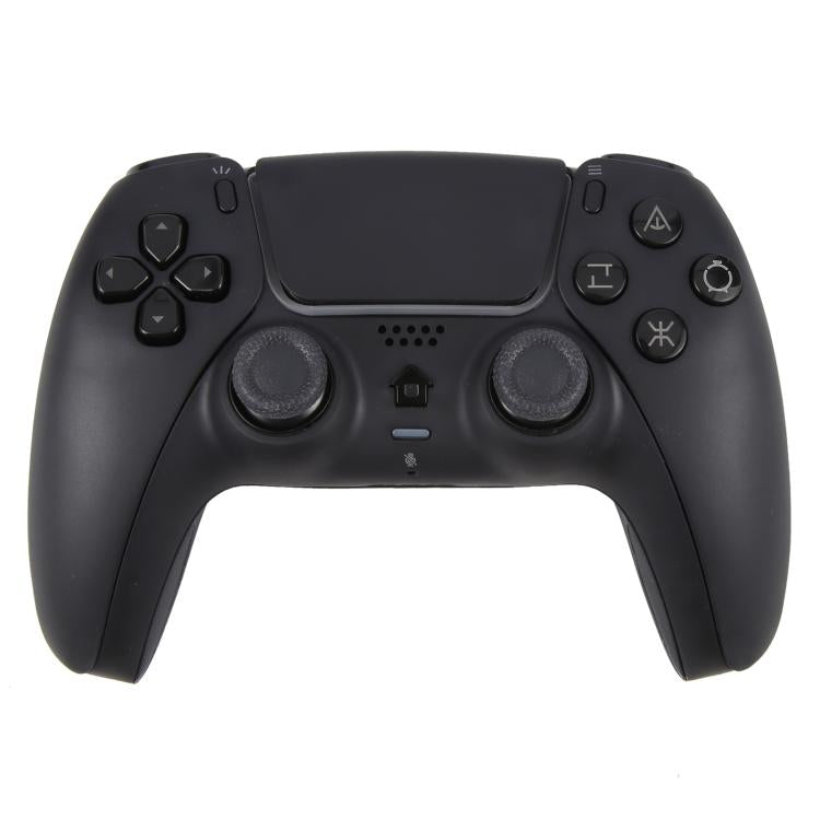Black wireless PS5 game controller with dual thumbsticks, triggers, and face buttons