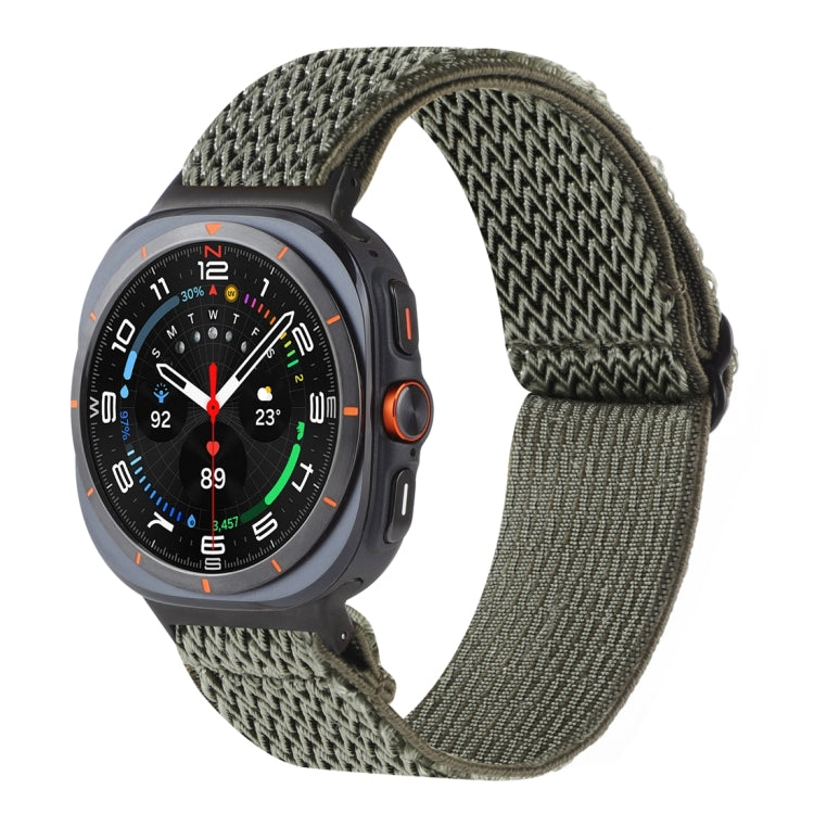 Olive green nylon braided watch band with a wave pattern, shown on a smartwatch.