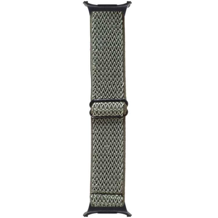 Army green wave-pattern nylon braided watch band, shown flat with adjustable loop
